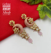 Designer Gold Plated Studded Kundan Pink Enamel Party Dangler Earrings Earrings